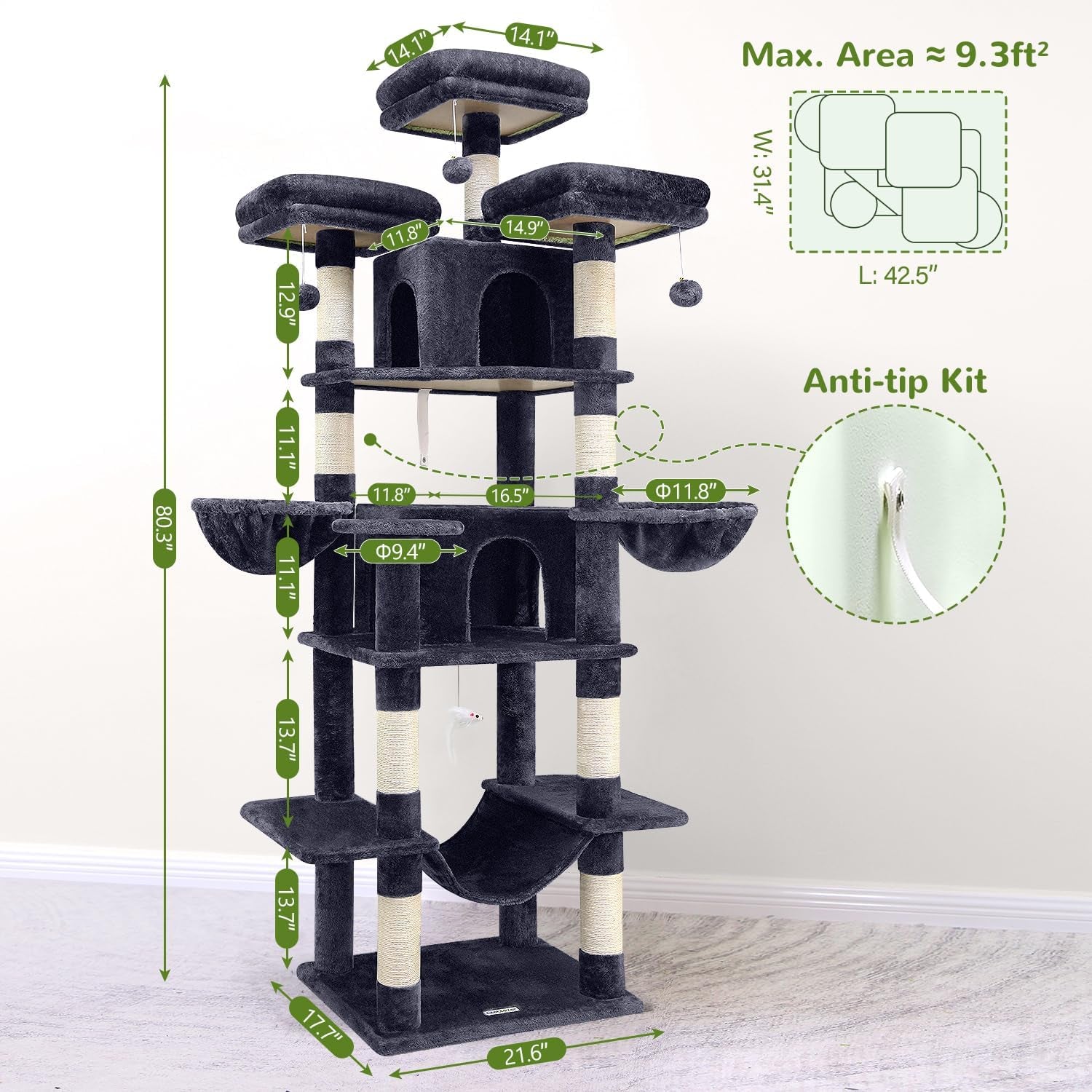 F80 Big Cat Tree, 80Inch Cat Tower for Indoor Cats Multiple Adult Cats XXL Cat Tree Large Cat Tower with Scratching Post, Hammock, 3 Perches, 2 Condos, 2 Hanging Basket, Dark Grey