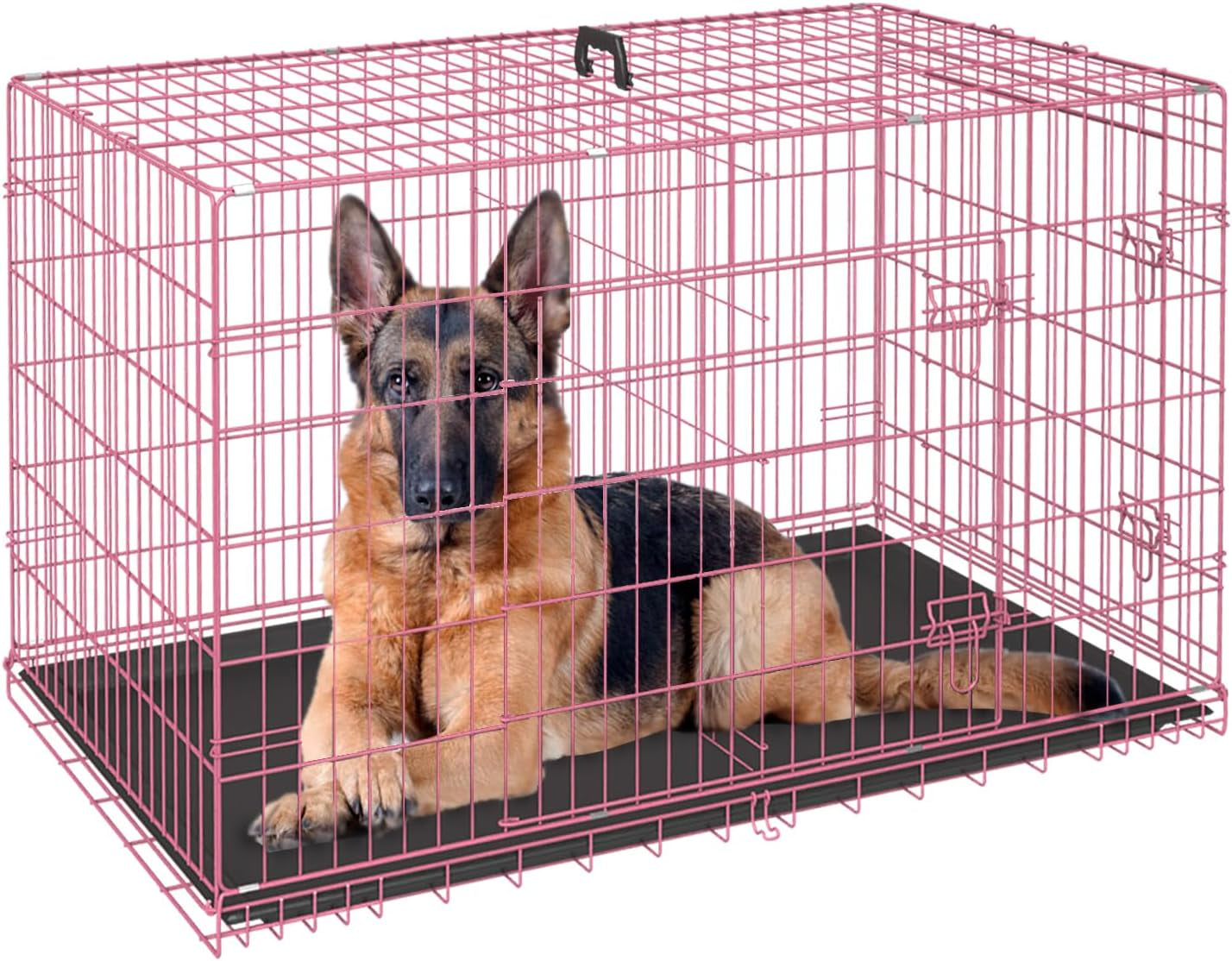 FDW Dog Crate Dog Cage Pet Crate for Large Dogs Folding Metal Pet Cage Double Door W/Divider Panel Indoor Outdoor Dog Kennel Leak-Proof Plastic Tray Wire Animal Cage (Pink, 48 Inch)