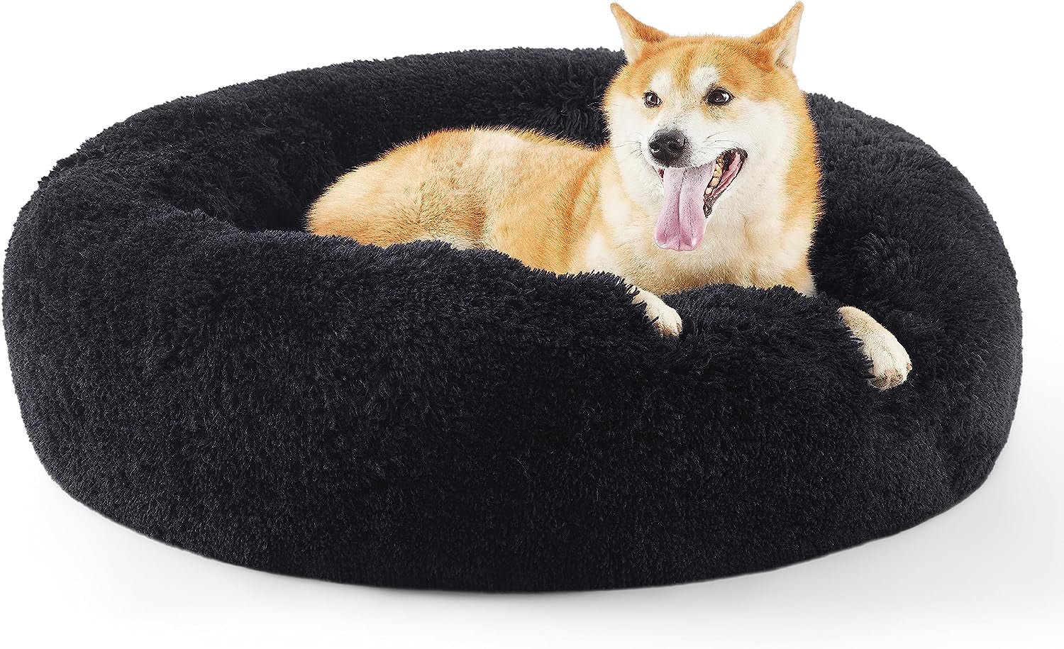 Bedsure Calming Dog Bed for Medium Dogs - Donut Washable Medium Pet Bed, 30 Inches Anti-Slip round Fluffy Plush Faux Fur Cat Bed, Fits up to 45 Lbs Pets, Black