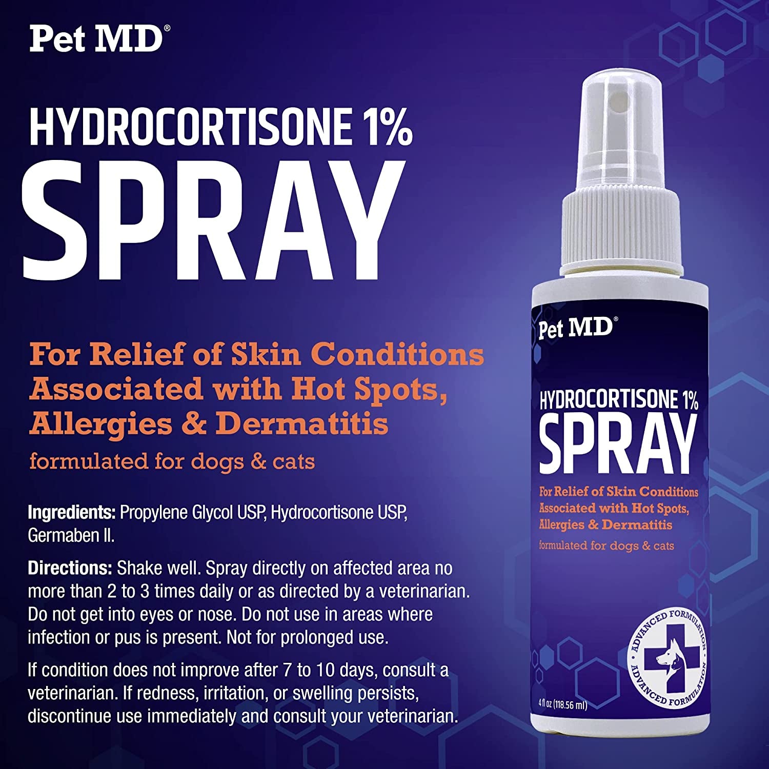 Pet MD Hydrocortisone Spray for Dogs, Cats, Horses - Itch Relief Spray & Hot Spot Treatment for Dogs, Irritated Dry Itchy Skin, Allergies, and Dermatitis - Reduces Topical Inflammation - 4 Oz