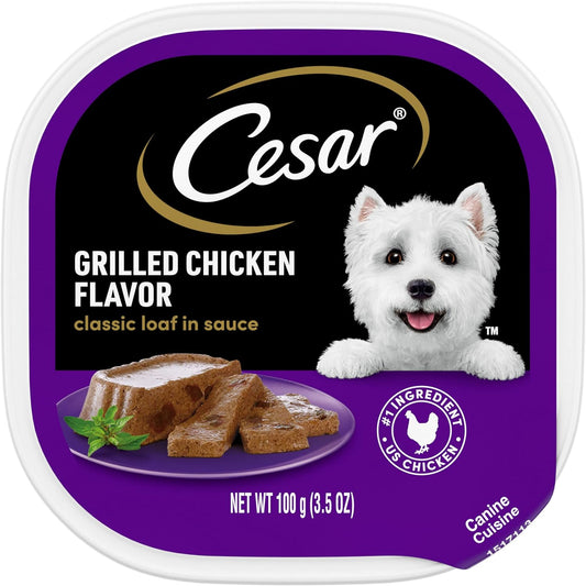 CESAR Adult Wet Dog Food Classic Loaf in Sauce Grilled Chicken Flavor, 3.5 Oz. Easy Peel Trays, Pack of 24