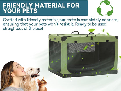 Petsfit 39.5 Inch Collapsible Dog Crate, Adjustable Fabric Cover by Spiral Iron Pipe, Chew Proof 3 Door Design, Soft Sided Dog Kennel Green