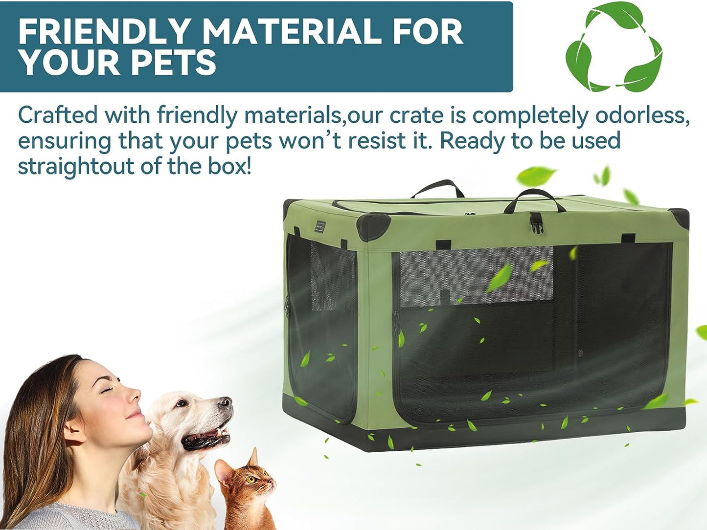 Petsfit 30 Inch Dog Kennel Indoor, Adjustable Fabric Cover by Spiral Iron Pipe, Chew Proof 3 Door Design, Soft Sided Collapsible Dog Crate Green