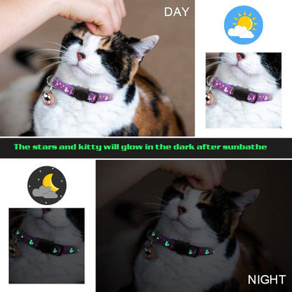 2PCS Breakaway Cat Collars with Bell Moons Stars Cute Kitty Adjustable Safe Kitten Collars with Pendant Glow in the Dark(Black&Blue)