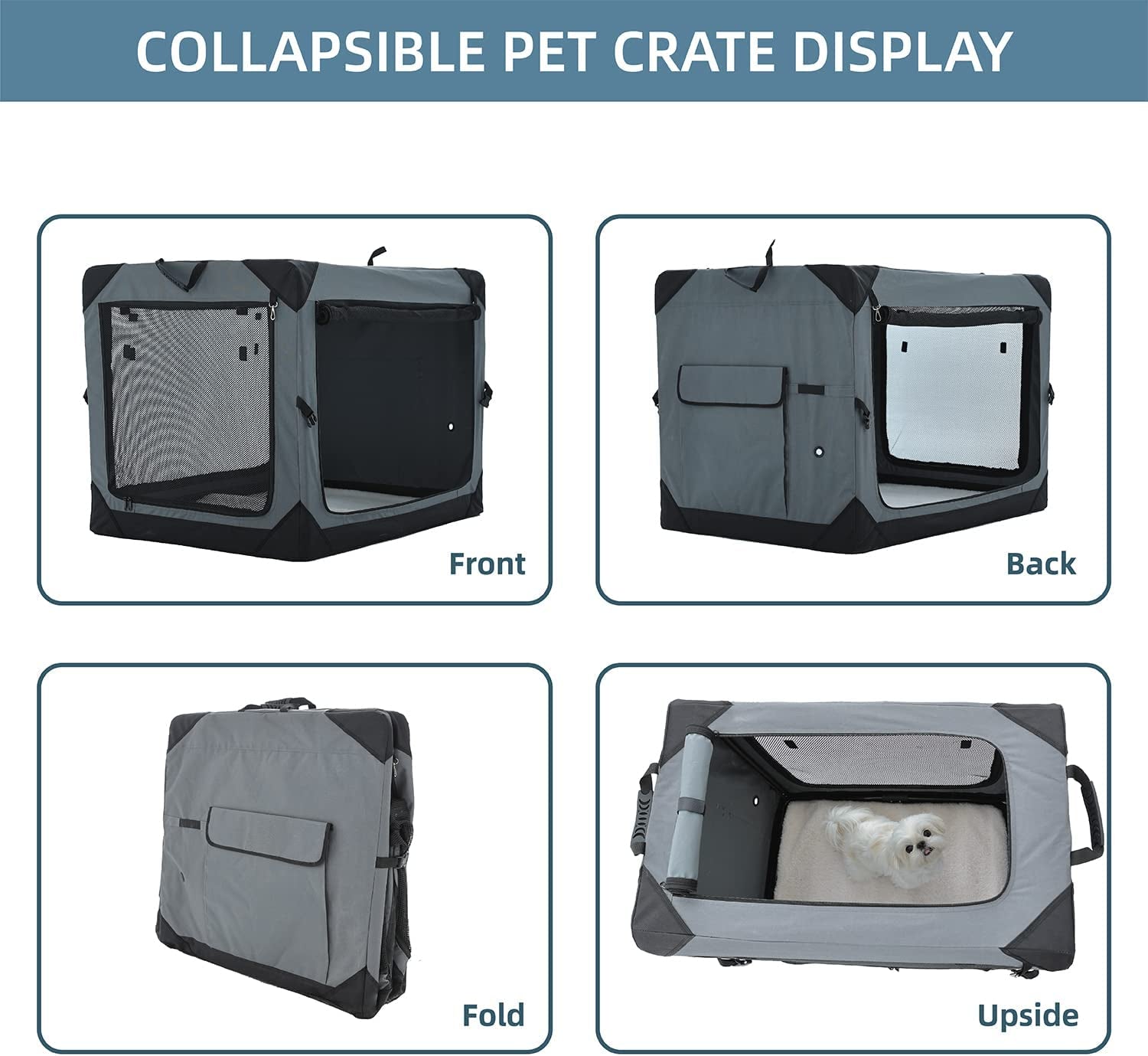 36 Inch Collapsible Crate for Large Dogs, 4-Door Foldable Soft Kennel with Chew Proof Mesh Windows for Indoor & Outdoor Travel