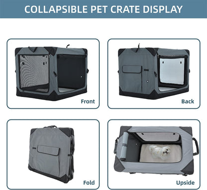 27 Inch 3-Door Collapsible Dog Crate for Medium Dogs, Portable Dog Travel Crate for Indoor & Outdoor, Soft Side Pet Foldable Kennel Cage with Durable Mesh Windows & Strong Steel Frame