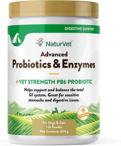 Naturvet – Advanced Probiotics & Enzymes - plus Vet Strength PB6 Probiotic | Supports and Balances Pets with Sensitive Stomachs & Digestive Issues | for Dogs & Cats (1 Lb)