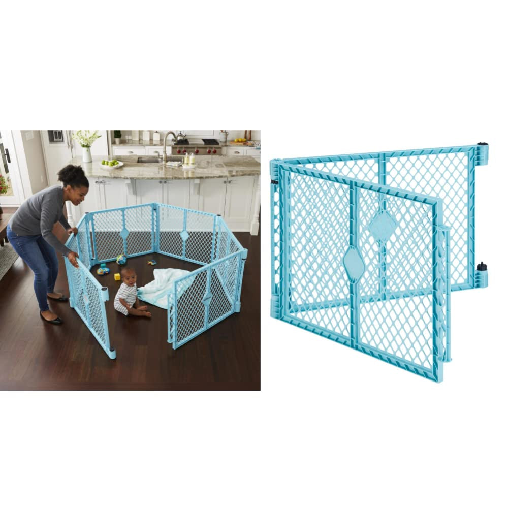 Toddleroo by North States Superyard Indoor/Outdoor 6-Panel Baby Play Yard with 2-Panel Extension Bundle, Made in USA: Freestanding. 18.5 Sq. Ft. to 34.4 Sq. Ft. Enclosure (26" Tall, Aqua)