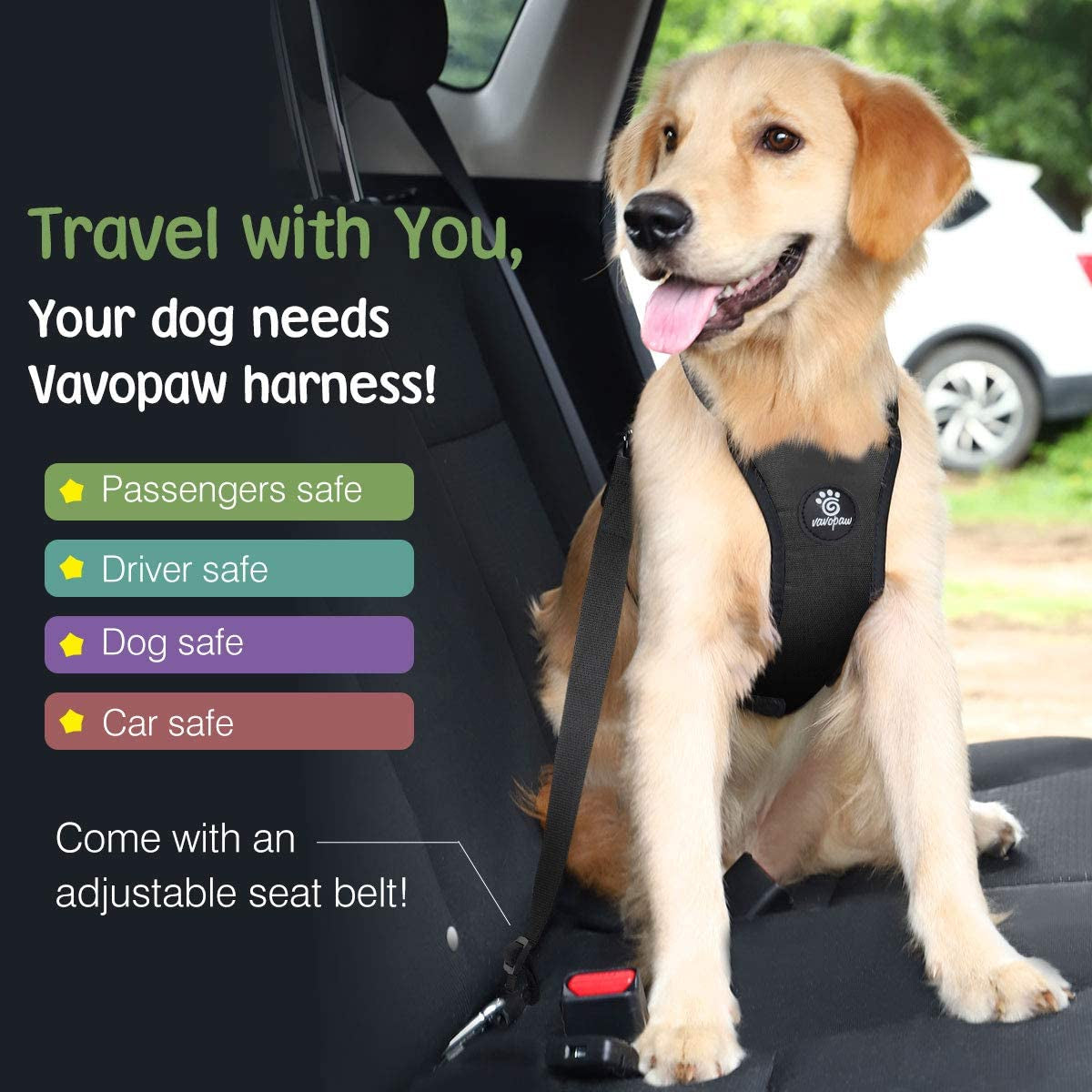 Dog Vehicle Safety Vest Harness, Adjustable Soft Padded Mesh Car Seat Belt Leash Harness with Travel Strap and Carabiner for Most Cars, Medium Size, Purple Flower