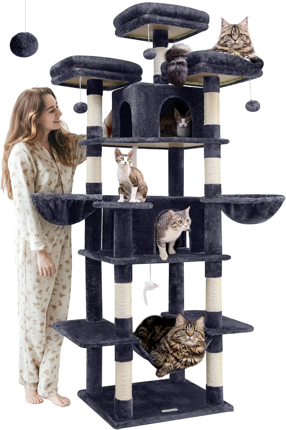 F80 Big Cat Tree, 80Inch Cat Tower for Indoor Cats Multiple Adult Cats XXL Cat Tree Large Cat Tower with Scratching Post, Hammock, 3 Perches, 2 Condos, 2 Hanging Basket, Dark Grey