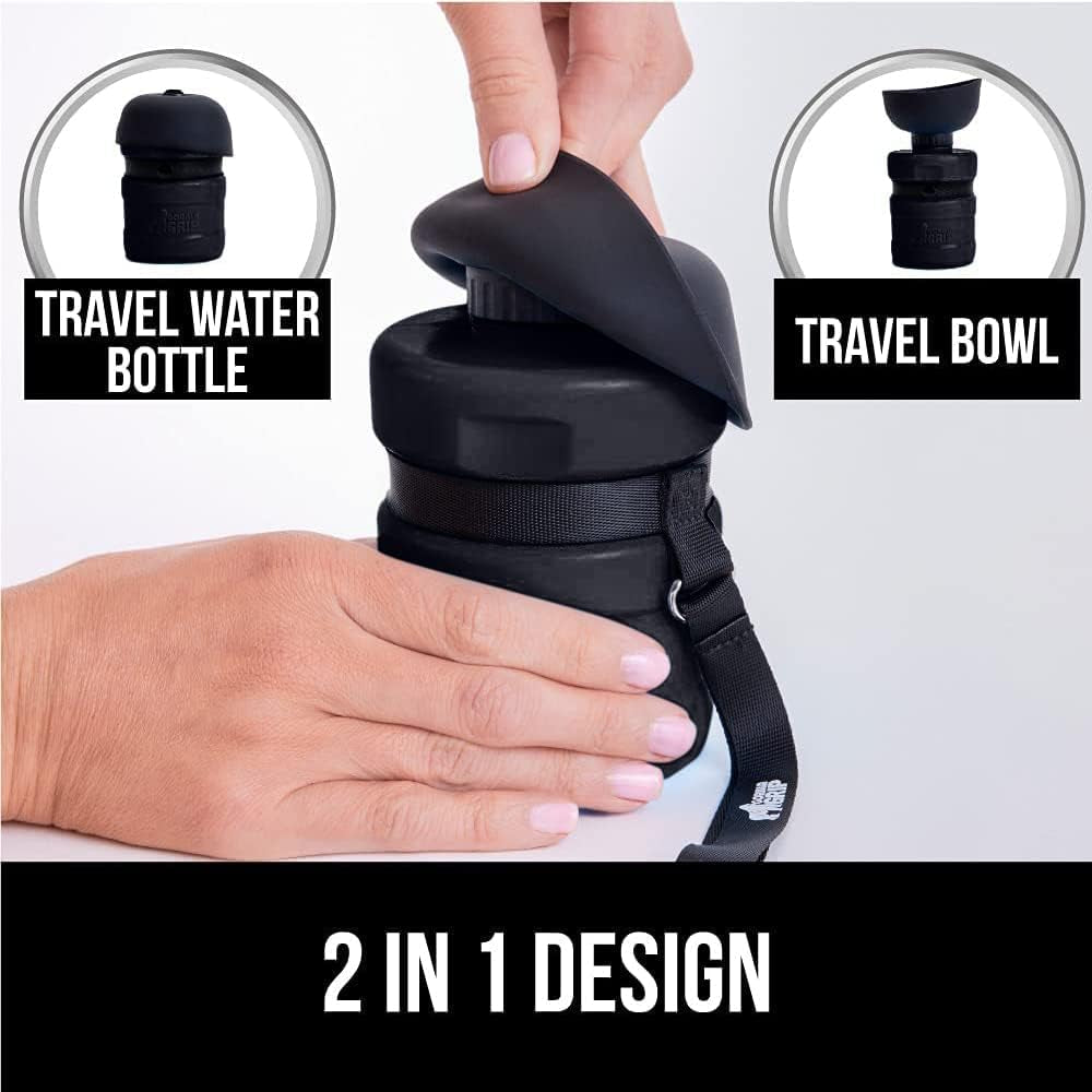 Gorilla Grip No Spill Portable Dog Water Bottle with Built in Bowl, Food Grade Silicone Leak Proof Pets Travel Drink Dispenser, Puppy Walk Training, Pet Hiking Essentials, Trip Accessories, Black