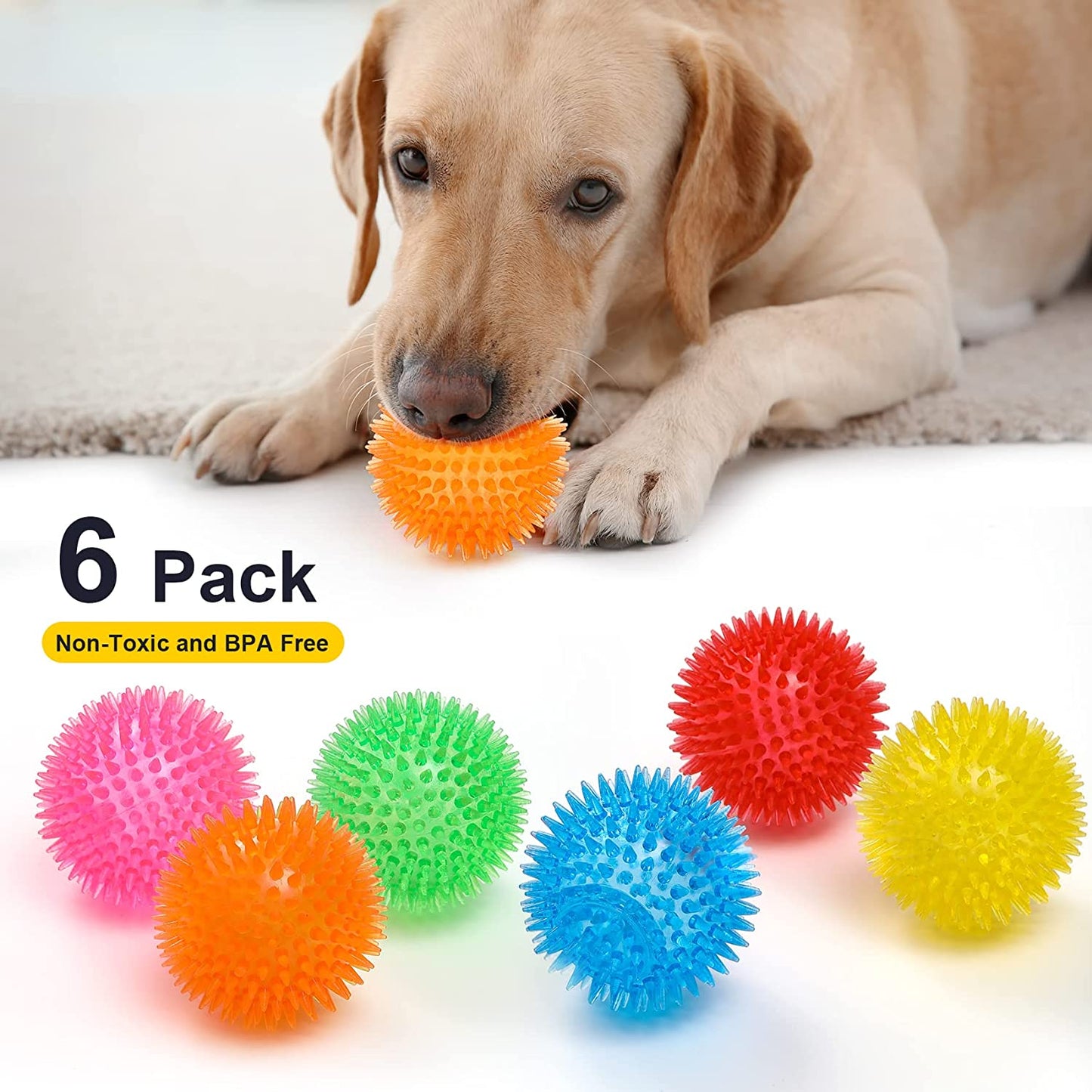 VITEVER 3.5” Squeaky Dog Toy Balls (6 Colors) Puppy Chew Toys for Teething, BPA Free Non-Toxic, Spikey Medium, Large & Small Dogs, Durable Aggressive Chewers