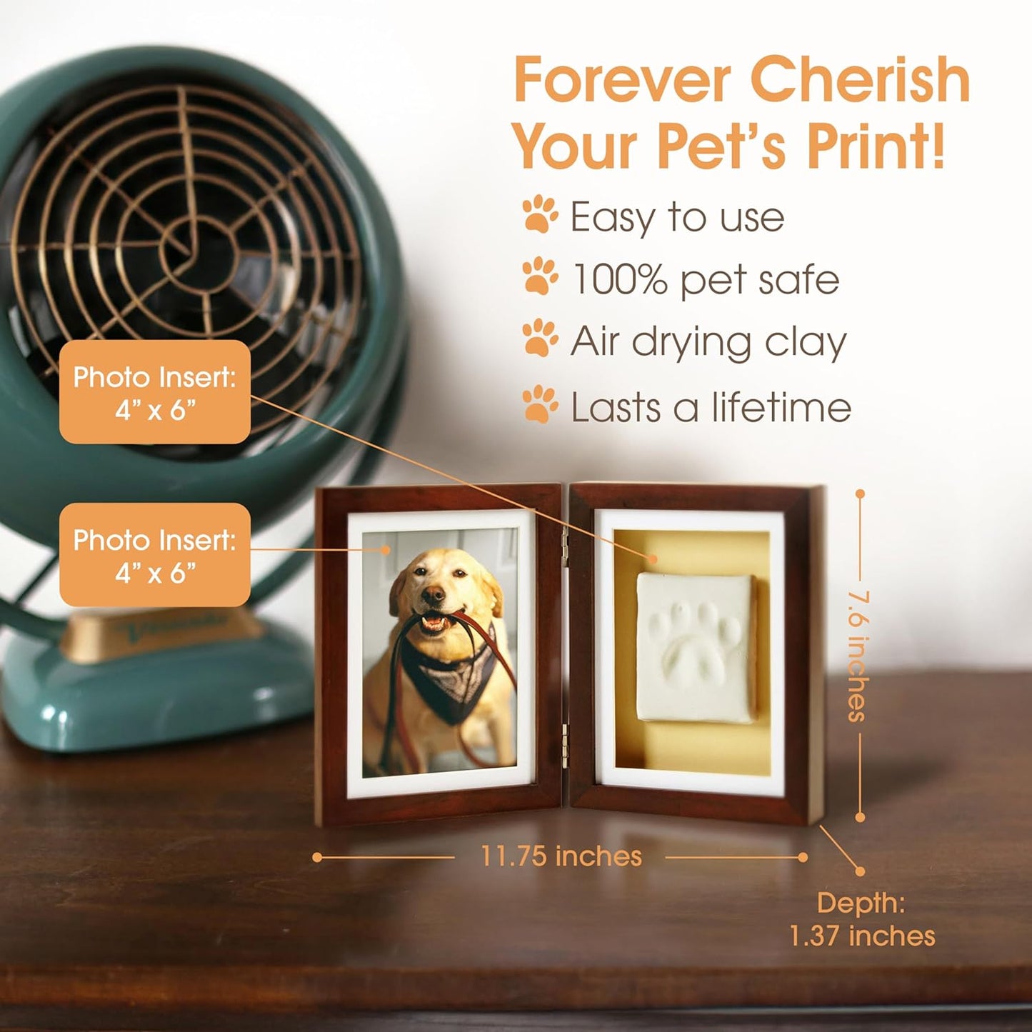 Pearhead Pet Paw Print Photo Frame with Clay Imprint Kit, Pawprint Making Kit, Cat or Dog Memorial Keepsake Gift, Pet Home Décor, Wooden Tabletop Picture Frame, Solid White