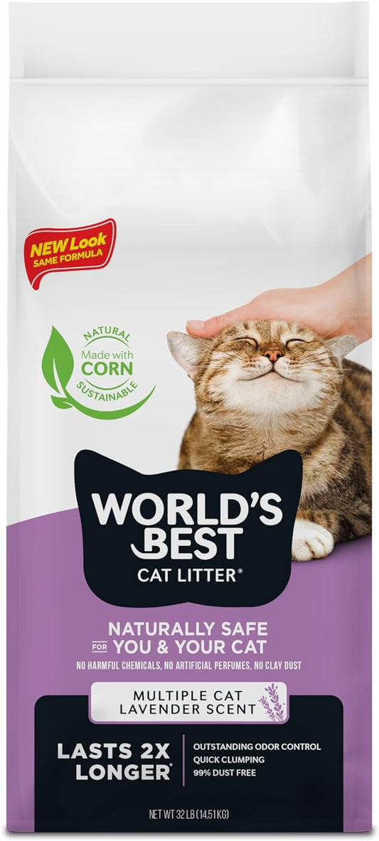 WORLD'S BEST CAT LITTER Multiple Cat Lavender Scented 32-Pounds - Natural Ingredients, Quick Clumping, Flushable, 99% Dust Free & Made in USA - Calming Fragrance & Long-Lasting Odor Control