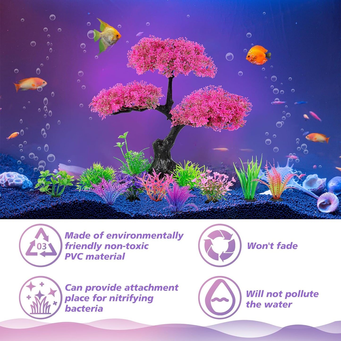 Ameliade Aquarium Artificial Plastic Plants Decoration, Pink Cherry Blossom Tree & Grass Aquarium Decor Set, Goldfish Betta Fish Tank Decorations Hides Accessories（Pink