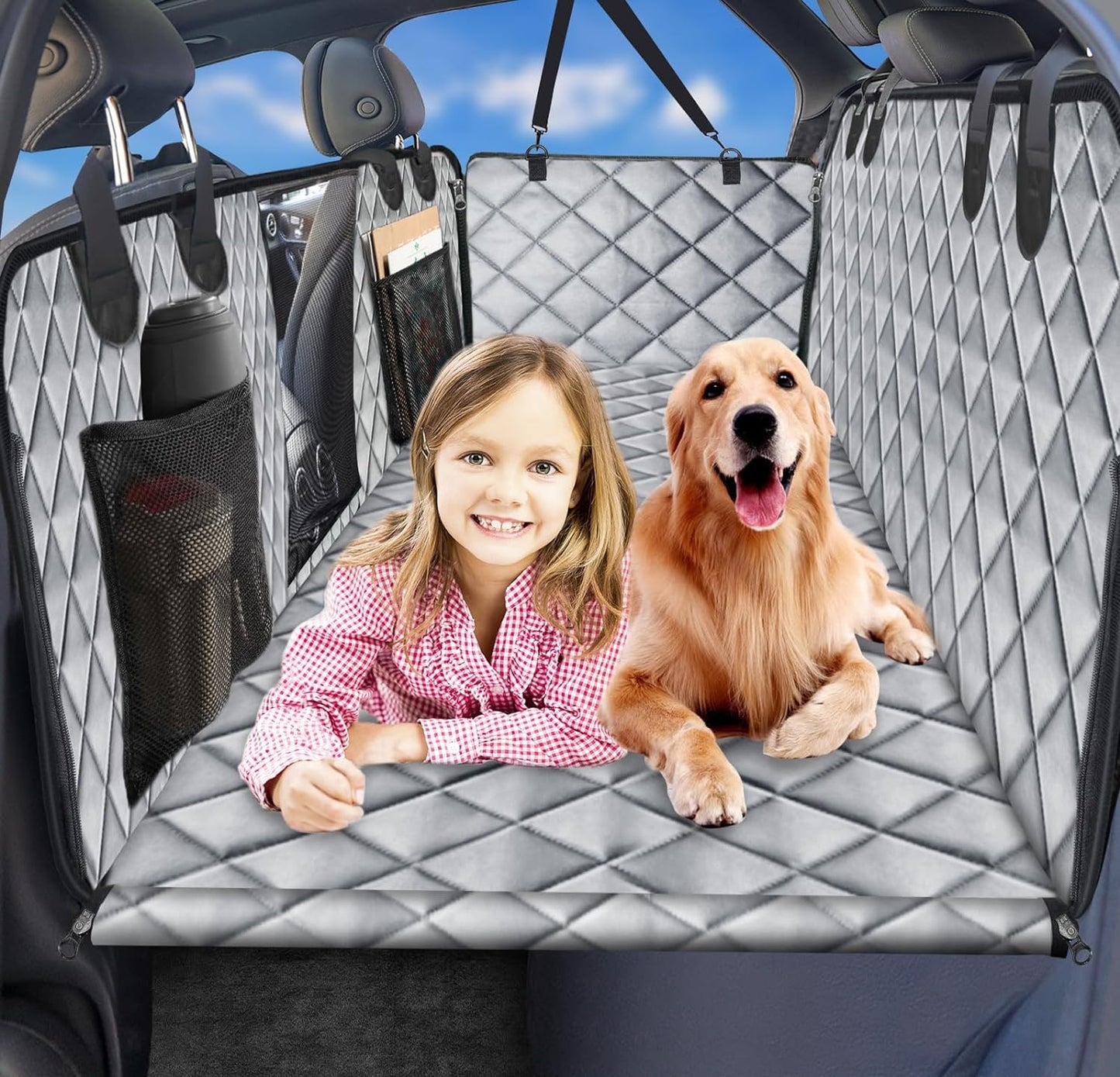 URPOWER Back Seat Extender for Dogs, Dog Car Seat Cover with Hard Bottom Dog Car Seat Bed Waterproof Dog Hammock for Car Pet Backseat Protector with Mesh Window and Storage Pocket for Car, SUV