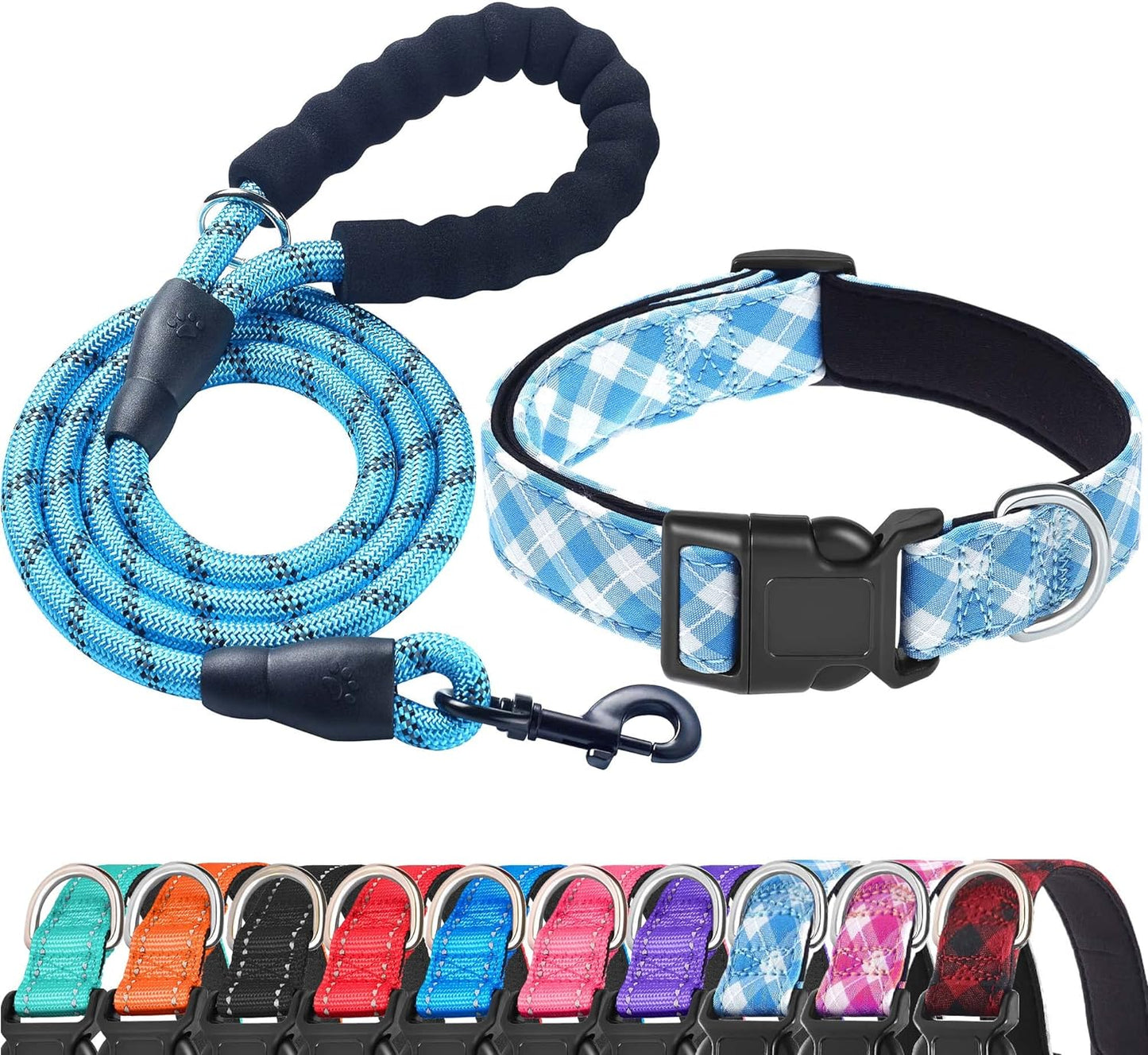 Reflective Dog Collar Padded with Soft Neoprene Breathable Adjustable Nylon Dog Collars for Small Medium Large Dogs (Medium (Pack of 1), Vivid Blue Plaid Collar+Leash)