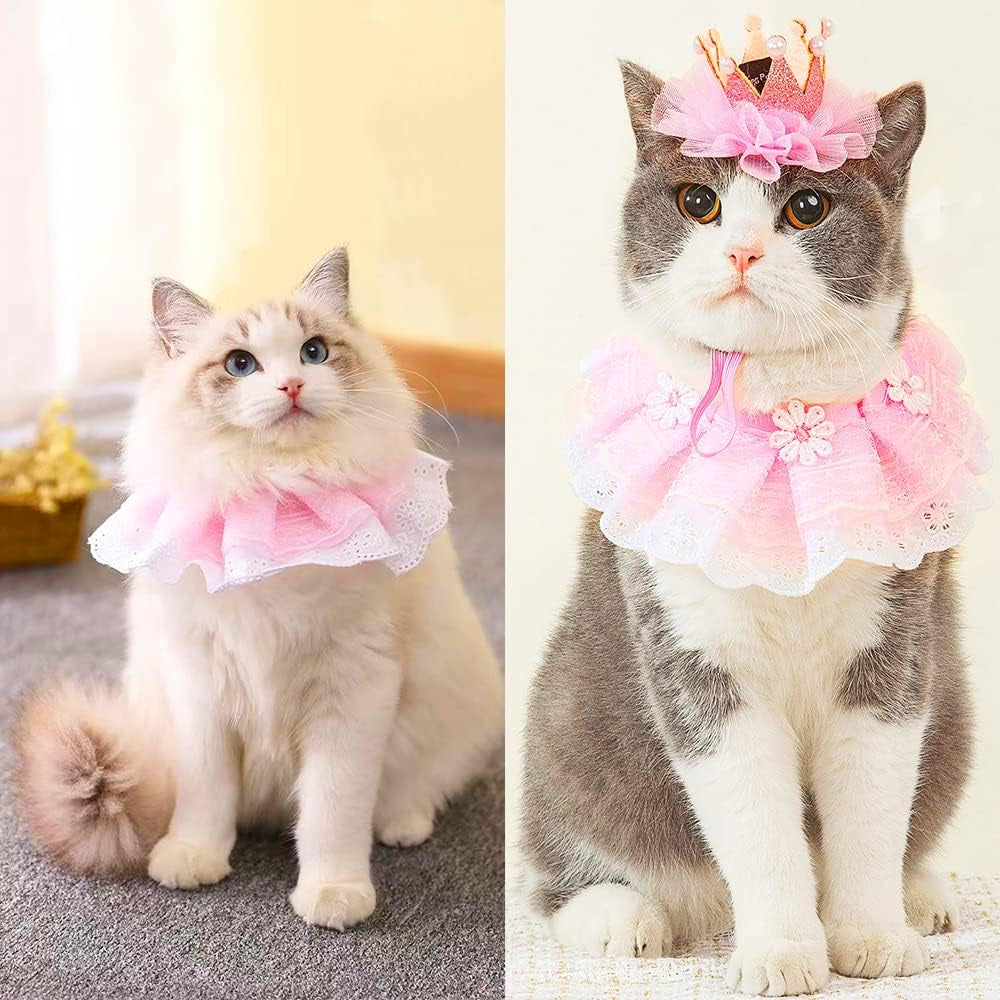 Cat Princess Costumes Pink Cat Crown Hat & Pink Lace Bandana Scarf Set, Puppy Part Hat for Small Dogs & Cat, Pink Outfit for Cats and Small Dogs Birthday Party