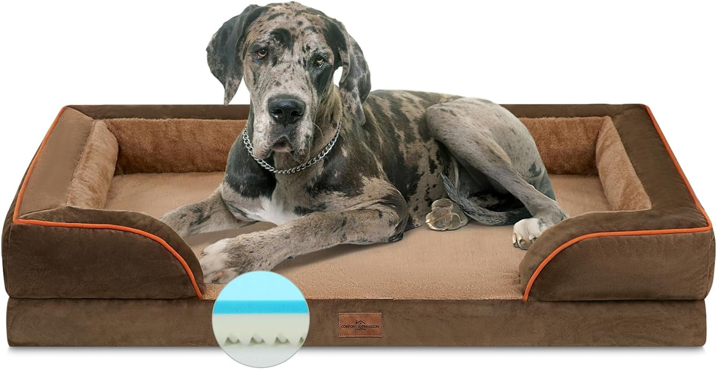 Cooling Dog Bed Memory Foam, Orthopedic Dog Bed for Giant Dogs, XXL Dog Bed for Extra Large Dogs, Waterproof Dog Bed with Bolster & Removable Cover(Xx-Large,Khaki Brown)