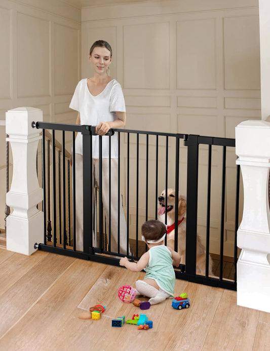 COMOMY 30" Tall Baby Gate for Stairs Doorways, Fits Openings 29.5" to 51.6" Wide, Auto Close Extra Wide Dog Gate for House, Pressure Mounted Easy Walk through Pet Gate with Door, Black