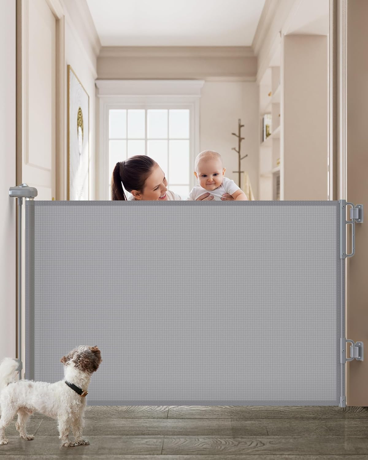 Cumbor Retractable Baby Gates for Stairs, Family & Mom'S Choice Awards Winner-Extends up to 55" Wide Mesh Dog Gate for the House, 34" Tall Child Gates for Doorways,Pet Door Indoor & Outdoor, Gray