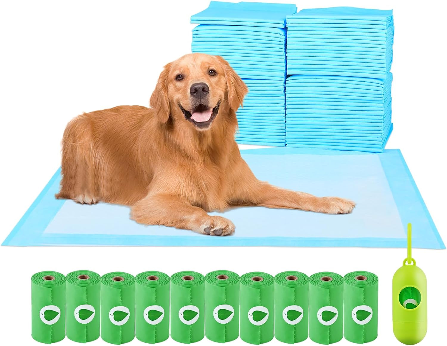 Scratchme Super Absorbent Waterproof Dog and Puppy Pet Training Pad, Housebreaking Pet Pad,Blue (23.6"X23.6"（100Pcs）+150 Dog Poop Bags)