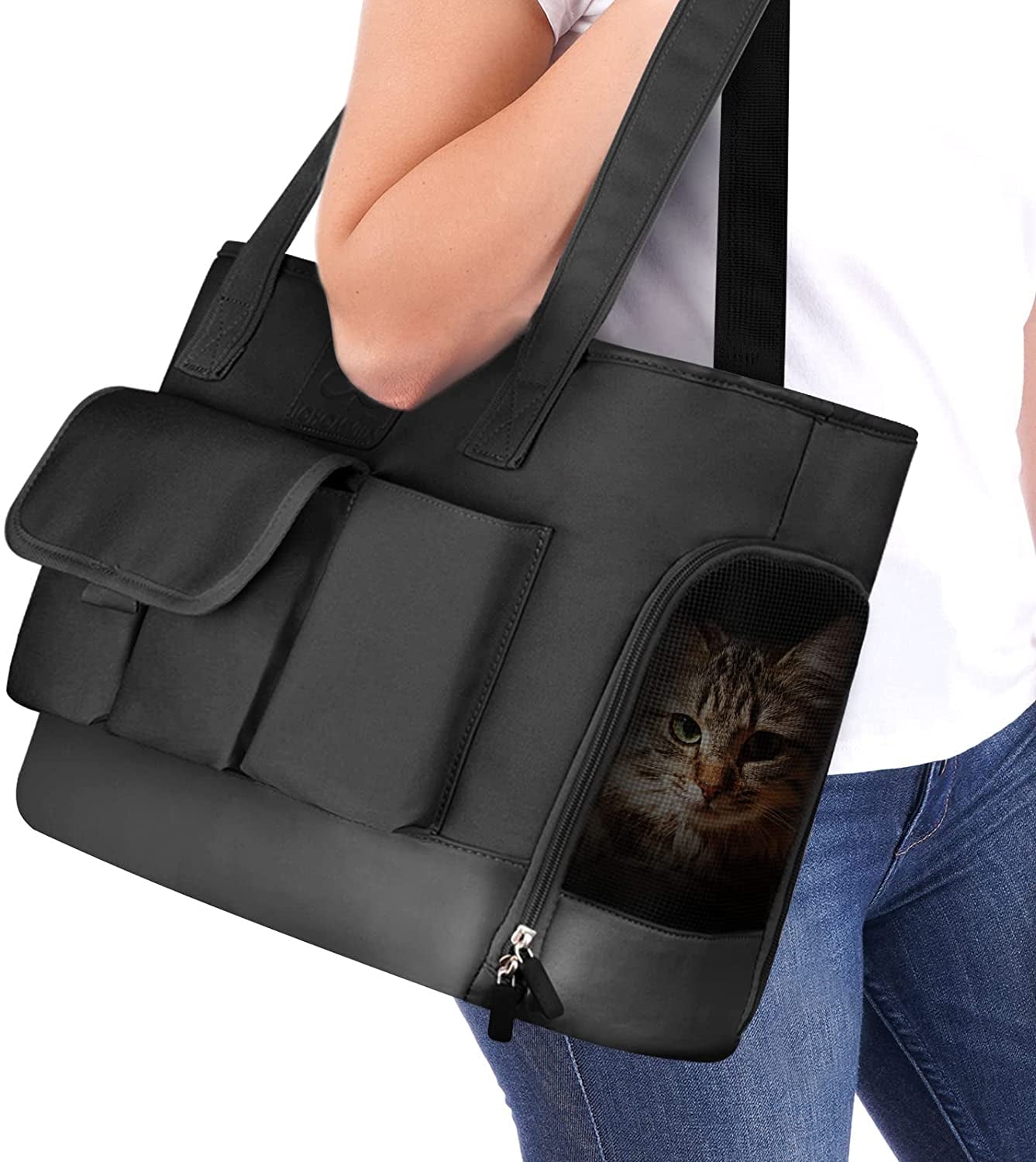 Dog Carrier, Cat Carrier, Pet Carrier, Foldable Waterproof Premium PU Leather Oxford Cloth Dog Purse, Portable Tote Bag Carrier for Small to Medium Cats and Small Dogs