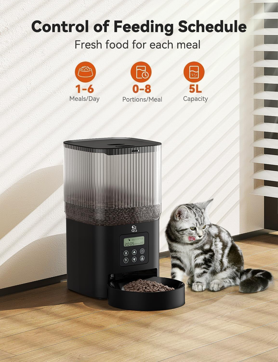 Automatic Cat Feeder, Automatic Dog Food Dispenser 5L Programmable Control 1-6 Meals Per Day, Automatic Pet Feeder for Cats and Dogs,10s Voice Recorder & Dual Power Supply