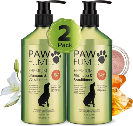 Pawfume Dog Shampoo and Conditioner – Hypoallergenic Dog Shampoo for Smelly Dogs – Best Dog Shampoos & Conditioners – Probiotic Pet Shampoo for Dogs – Best Dog Shampoo for Puppies (Show Dog, 2-Pack)