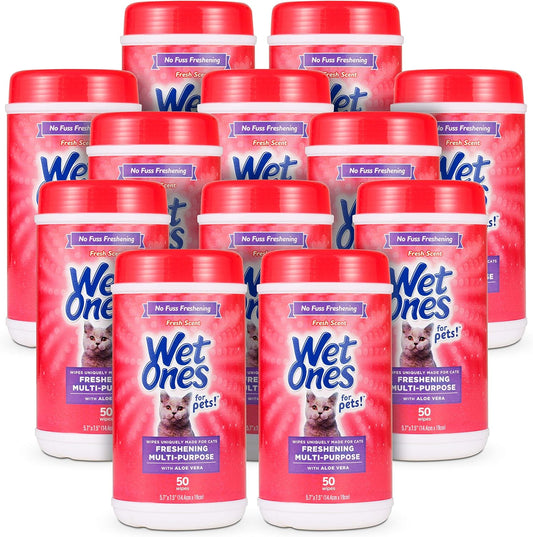 Wet Ones for Pets Freshening Multipurpose Wipes for Cats with Aloe Vera, 50 Count - 12 Pack | Easy to Use Cat Cleaning Wipes, Freshening Cat Grooming Wipes for Pet Grooming in Fresh Scent