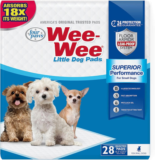 Four Paws Wee-Wee Superior Performance Little Dog Pee Pads - Small Dog & Puppy Pads for Potty Training - Dog Housebreaking & Puppy Supplies - 16.5"X23.5" (28 Count),White