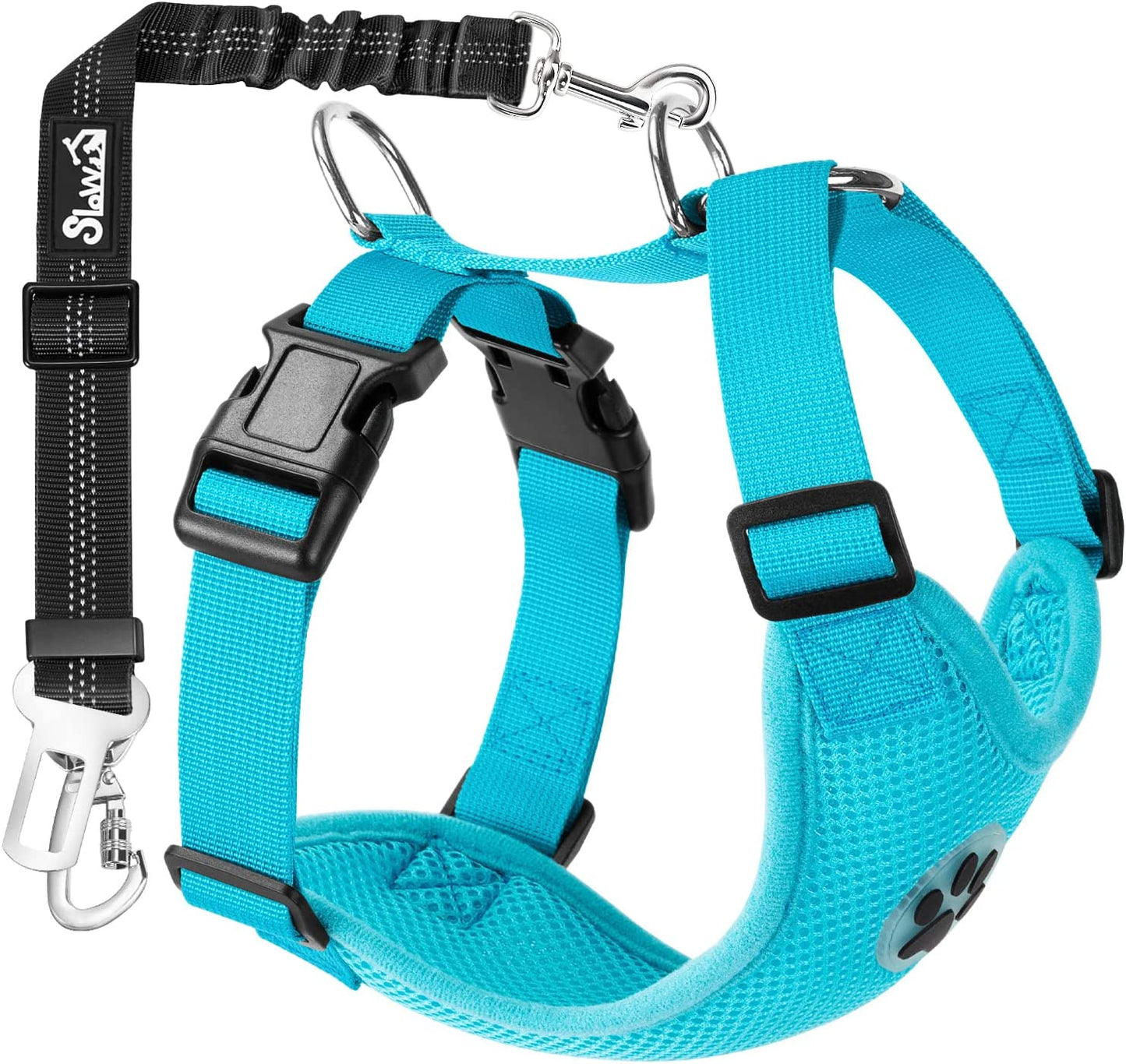 Slowton Dog Seat Belt Harness for Car, Dog Car Harness Adjustable Mesh Breathable & Dog Seatbelt Safety Tether with Elastic Bungee for Small Medium Large Pets(Light Blue, Double Clip, XS)