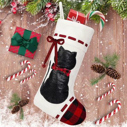 Cat Christmas Stocking 19’’ Xmas Pet Hanging Stockings with 3D Black Leather Cat Pattern Oversize Handmade Xmas Fireplace Hanging Stockings Decorations for Family Holiday Season Party Decor Pets Gifts