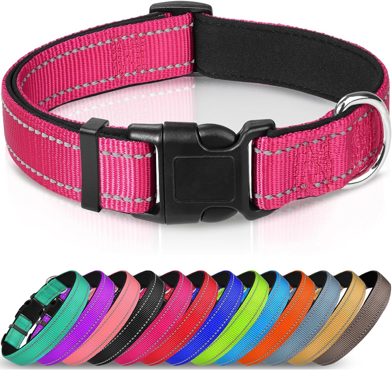 Joytale Reflective Dog Collar,Soft Neoprene Padded Breathable Nylon Pet Collar Adjustable for Medium Dogs,Hotpink,M