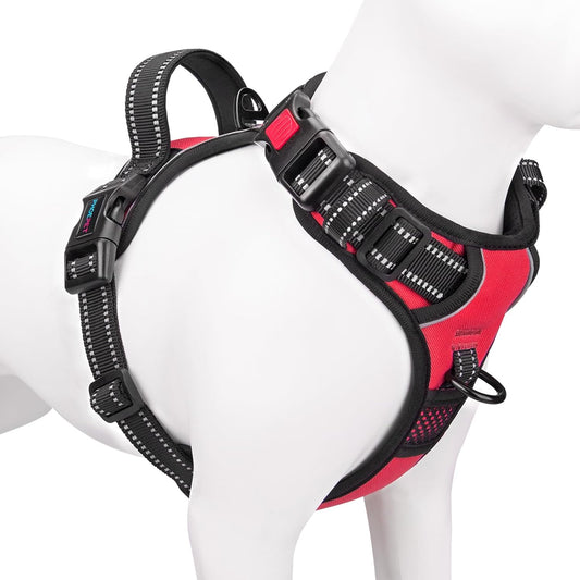 PHOEPET No Pull Dog Harness Medium Reflective Front Clip Vest with Handle,Adjustable 2 Metal Rings 3 Buckles[Easy to Put on & Take Off](M, Red)