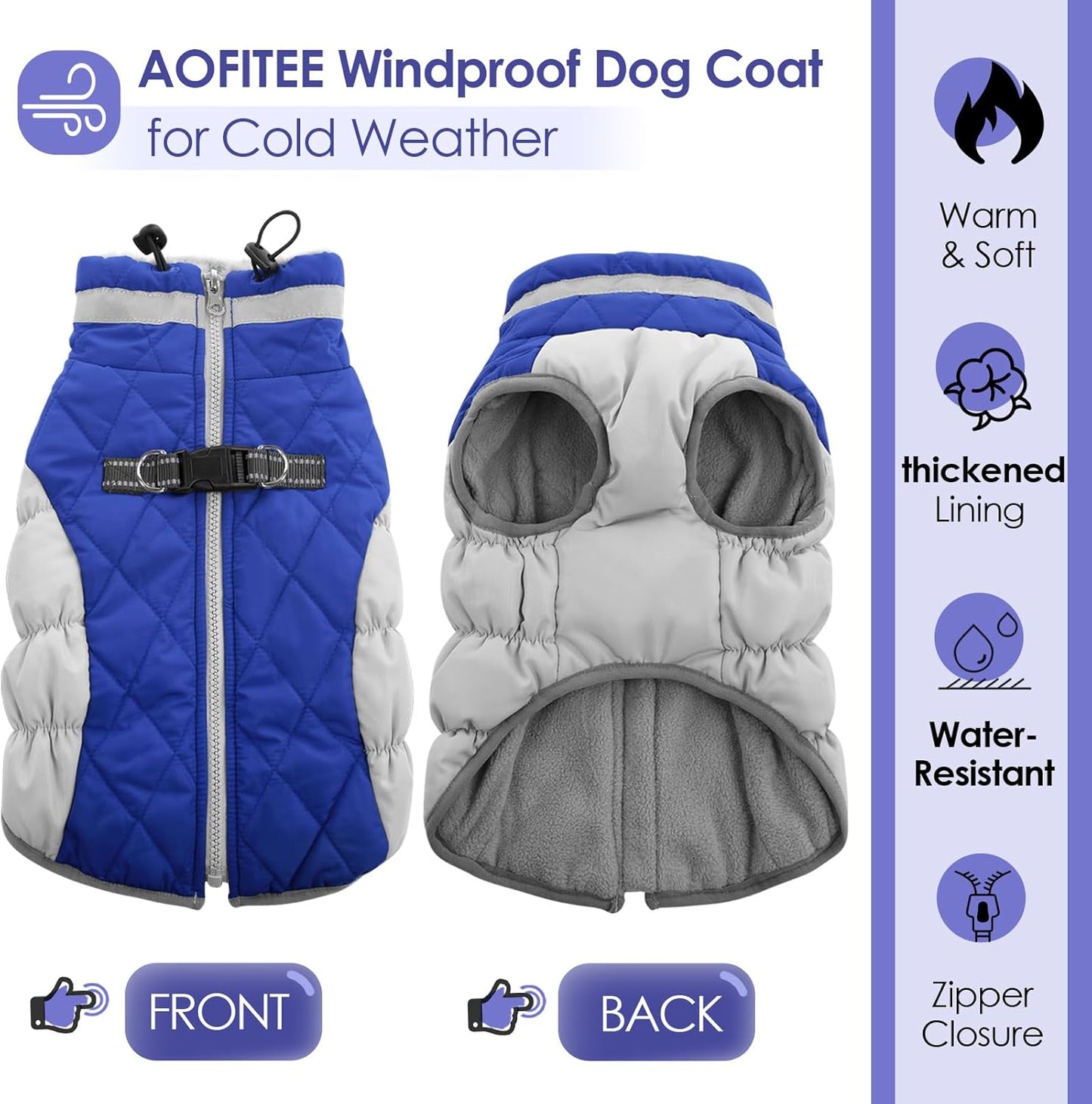 AOFITEE Dog Coat, Warm Dog Jacket Dog Winter Coats, Reflective Turtleneck Dog Fleece Vest with Harness Built in, Waterproof Windproof Dog Snow Jacket Snowsuit for Small Medium Large Dogs, Blue S