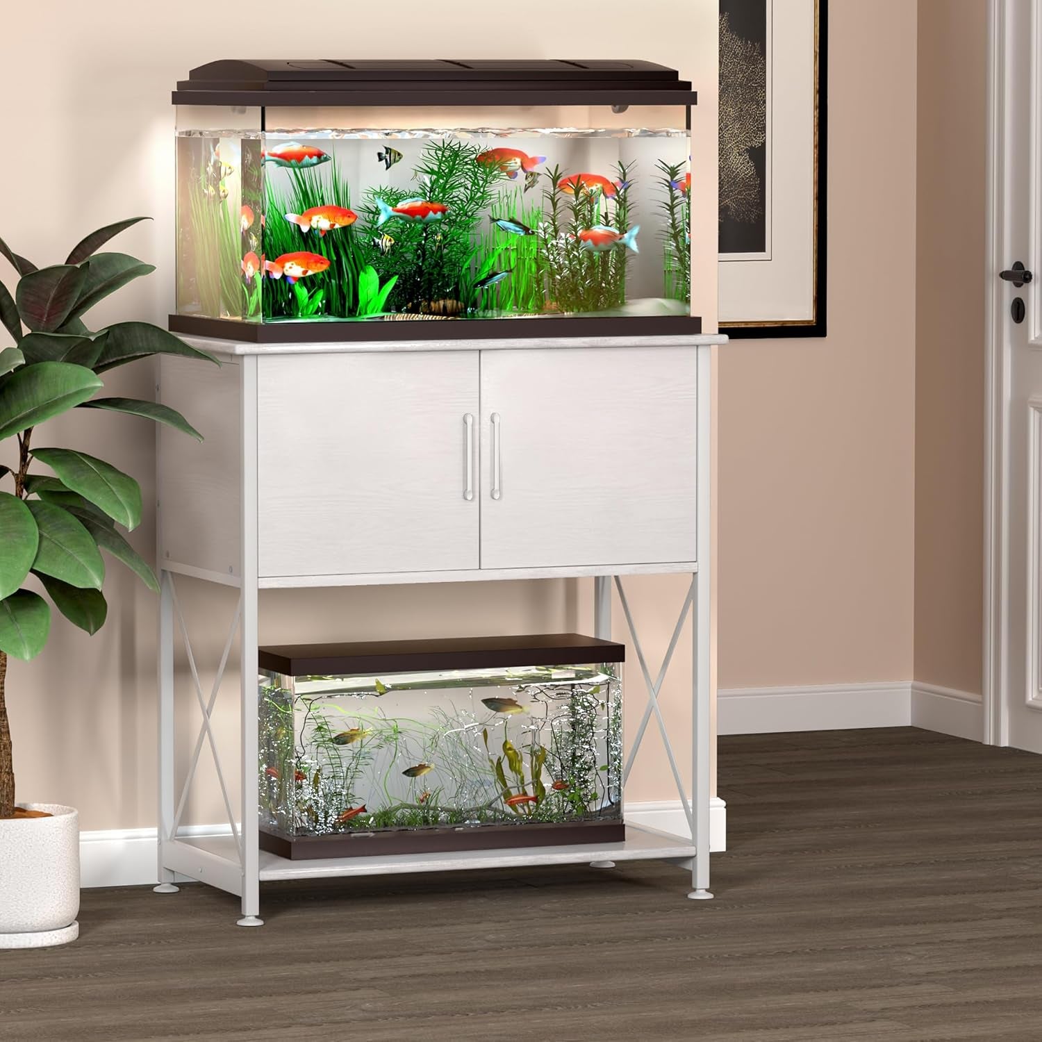 20-29 Gallon Aquarium Stand Metal Frame Fish Tank Stand with Cabinet Storage, for 20 Gallon Long Aquarium,30.7" L*16.5" W Tabletop,330LBS Capacity White PG01YGW