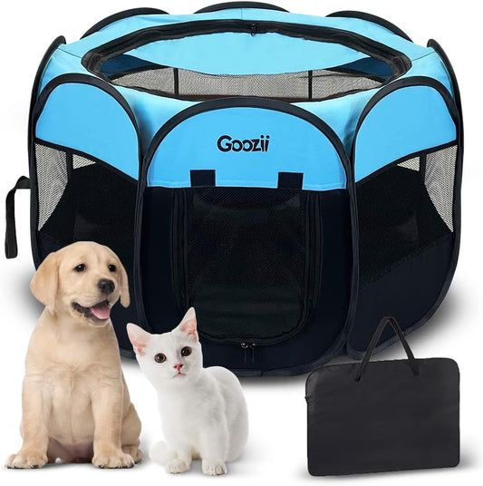 Dog Playpen Portable Collapsible, Indoor Outdoor Pet Puppy Exercise Playpens Case with Zipper Door Top Cover Floor for Large Cat Rabbit Travel Camping (Small Size, Black/Blue)