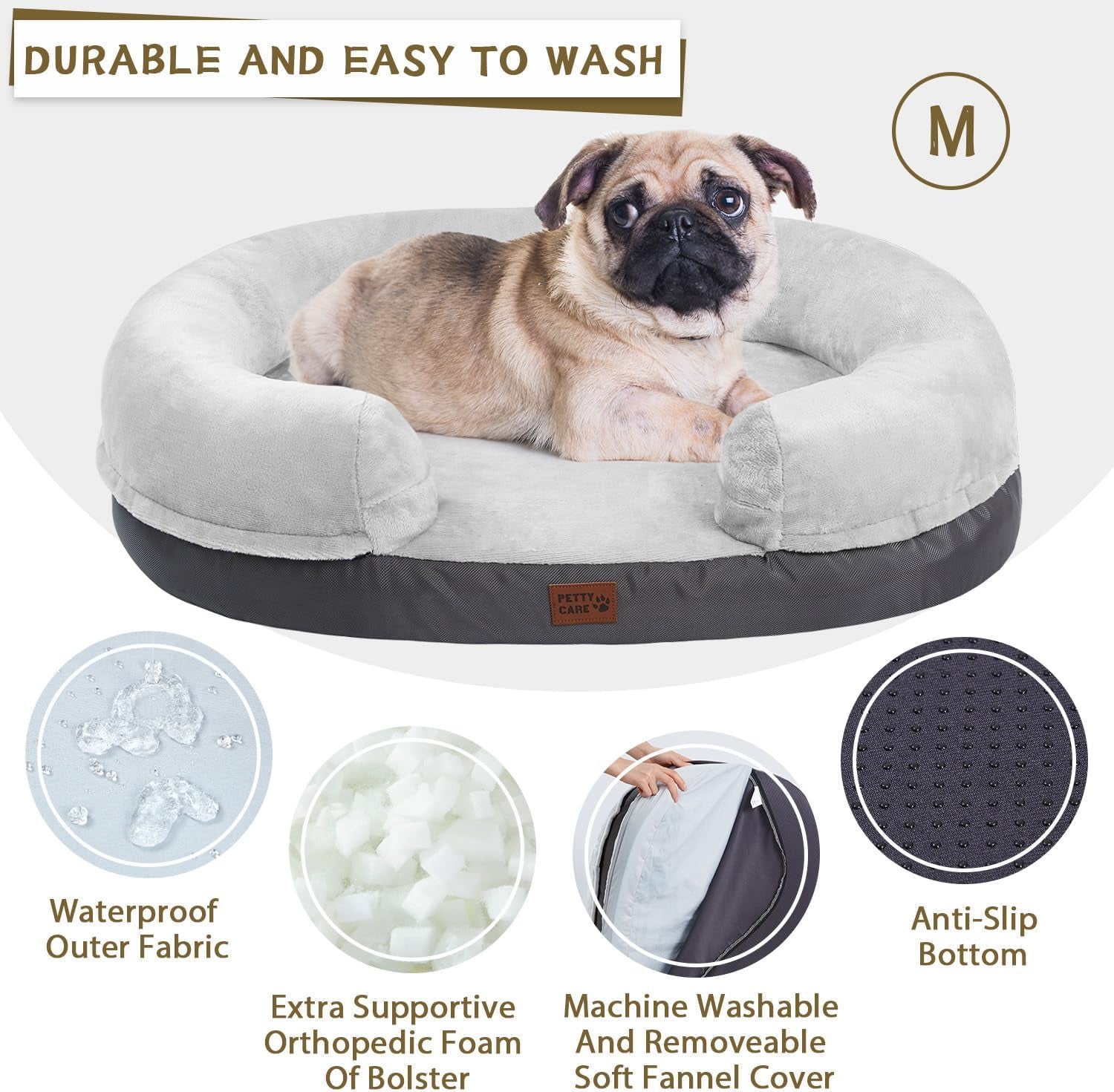 Orthopedic Dog Bed for Medium Dogs with Memory Foam, Waterproof Pet Bed Soft Sofa with Washable Removable Cover Anti-Slip Bottom, Extra Head and Neck Support Sleeper, 30” Grey