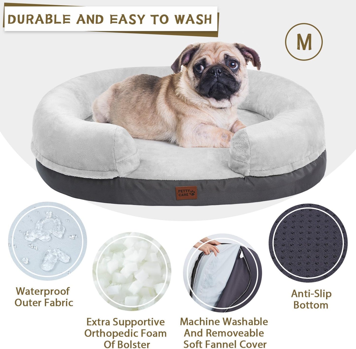 Orthopedic Dog Bed for Large Dogs with Memory Foam, Waterproof Pet Bed Soft Sofa with Washable Removable Cover Anti-Slip Bottom, Extra Head and Neck Support Sleeper, 38” Grey