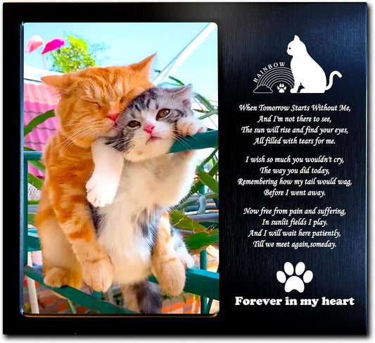 Cat Memorial Gift (Opts) Personalized Metal Wood - Pet Memorial Picture Frame 4X6 for Loss of Cats. (C02B)