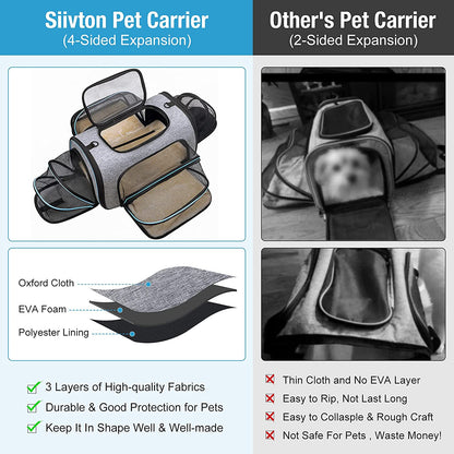 Siivton Pet Carrier Airline Approved, 4 Sides Expandable Cat Carrier Bag with Removable Fleece Pad, Large Soft Sided Pet Travel Carrier, Dog Carrier for Cats, Puppy and Small Dogs