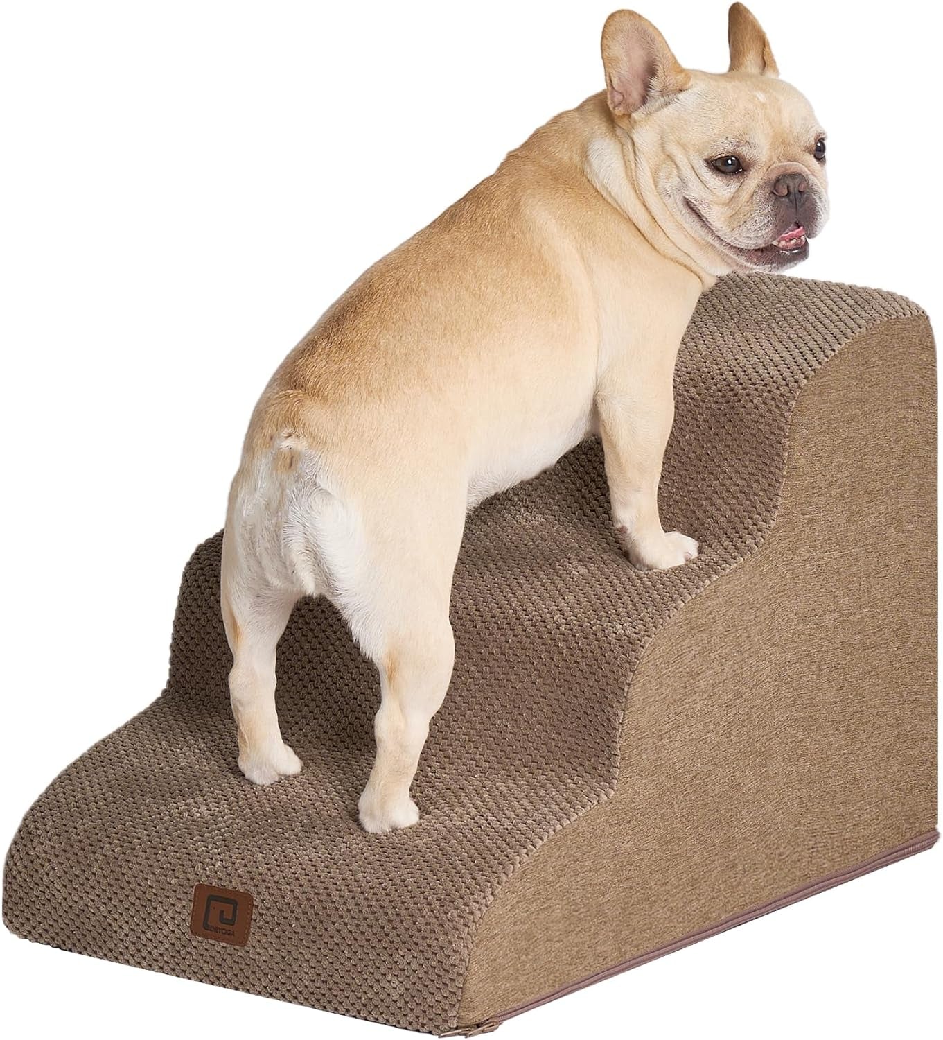 EHEYCIGA Curved Dog Stairs for Small Dogs 15.7" H, 3-Step Dog Steps for Couch Sofa and Chair, Pet Stairs for Cats, Non-Slip Balanced Pet Steps Indoor, Camel