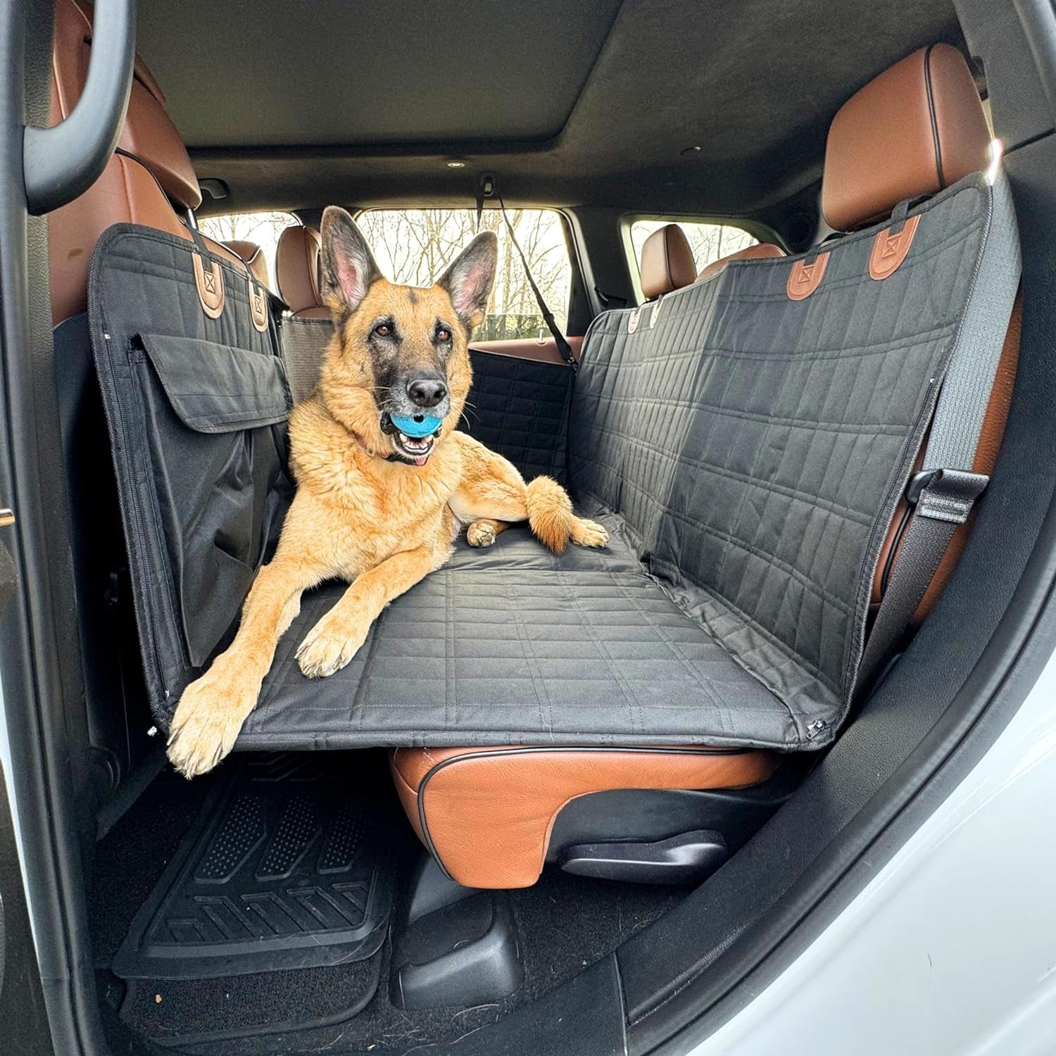 Dog Back Seat Extender - Waterproof Mesh Platform for Cars, Trucks, Suvs - with Storage Pockets and Door Covers (Black)