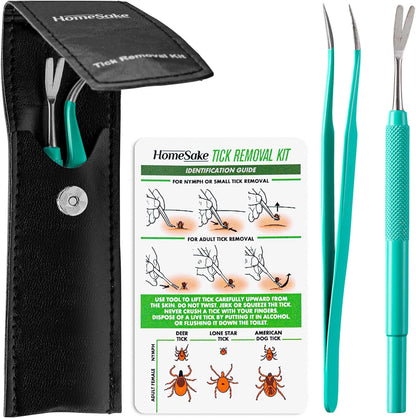 Tick Remover Tool and Tweezer Set for Humans- Pets Stainless Steel Cat and Dog Tick Removal Kit W/Storage Pouch Safe Tic Control Puller for Complete Removal of Big and Small Ticks (2 Pack)