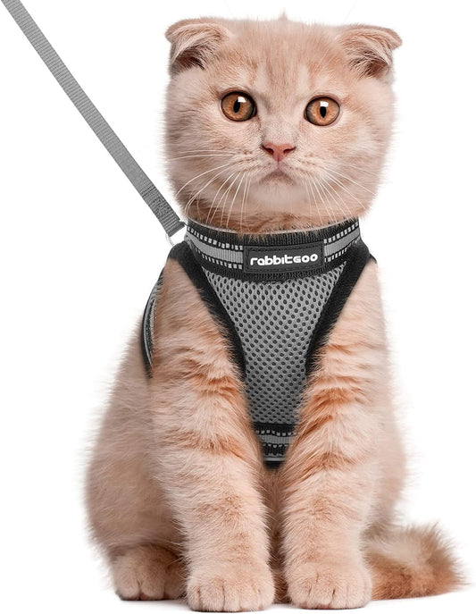 Rabbitgoo Cat Harness and Leash Set for Walking Escape Proof, Adjustable Soft Kittens Vest with Reflective Strip for Cats, Comfortable Outdoor Vest, Grey, L