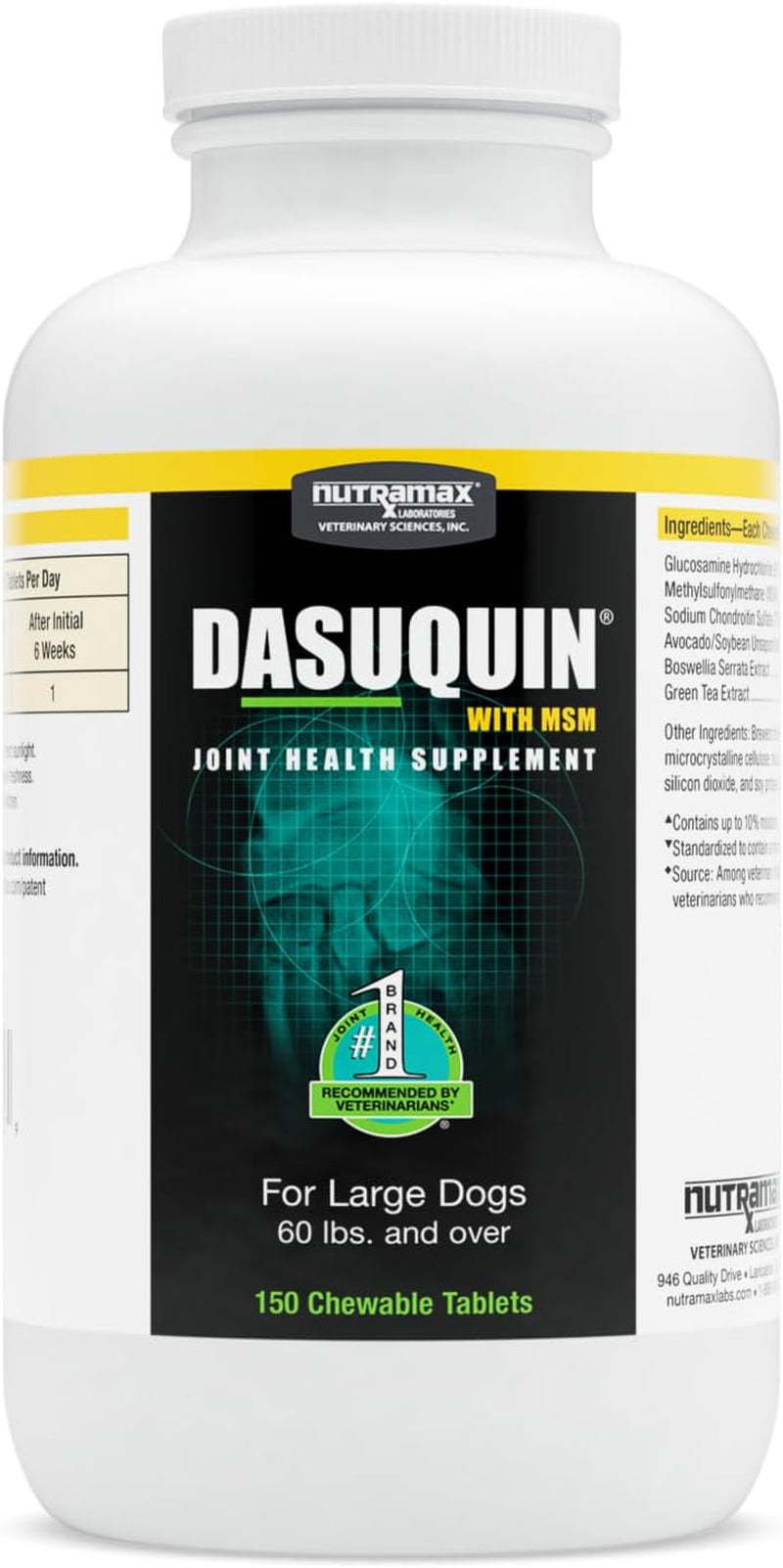 Nutramax Laboratories Dasuquin with MSM Joint Health Supplement for Large Dogs - with Glucosamine, MSM, Chondroitin, ASU, Boswellia Serrata Extract, and Green Tea Extract, 150 Chewable Tablets