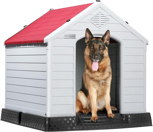 LEMBERI Durable Waterproof Plastic Dog House for Small to Large Sized Dogs, Indoor Outdoor Doghouse Insulated Puppy Shelter with Elevated Floor, Easy to Assemble (Red, 42''L*38''W*39''H)