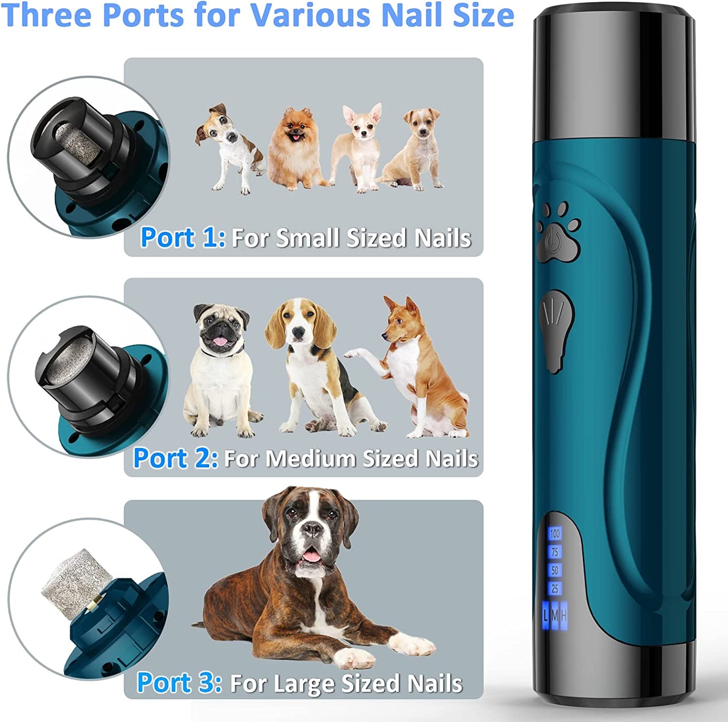 Dog Nail Grinder, Dog Nail Trimmers and Clippers Kit, Super Quiet Electric Pet Nail Grinder, Rechargeable, for Small Large Dogs & Cats Toenail & Claw Grooming,3 Speeds, Dual Lights, 2 Grinding Wheels