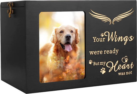 Pet Memorial Urns for Dog or Cat Ashes, Large Wooden Funeral Cremation Urns with Photo Frame, Memorial Keepsake Memory Box with Black Flannel as Lining, Loss Pet Memorial Remembrance Gift